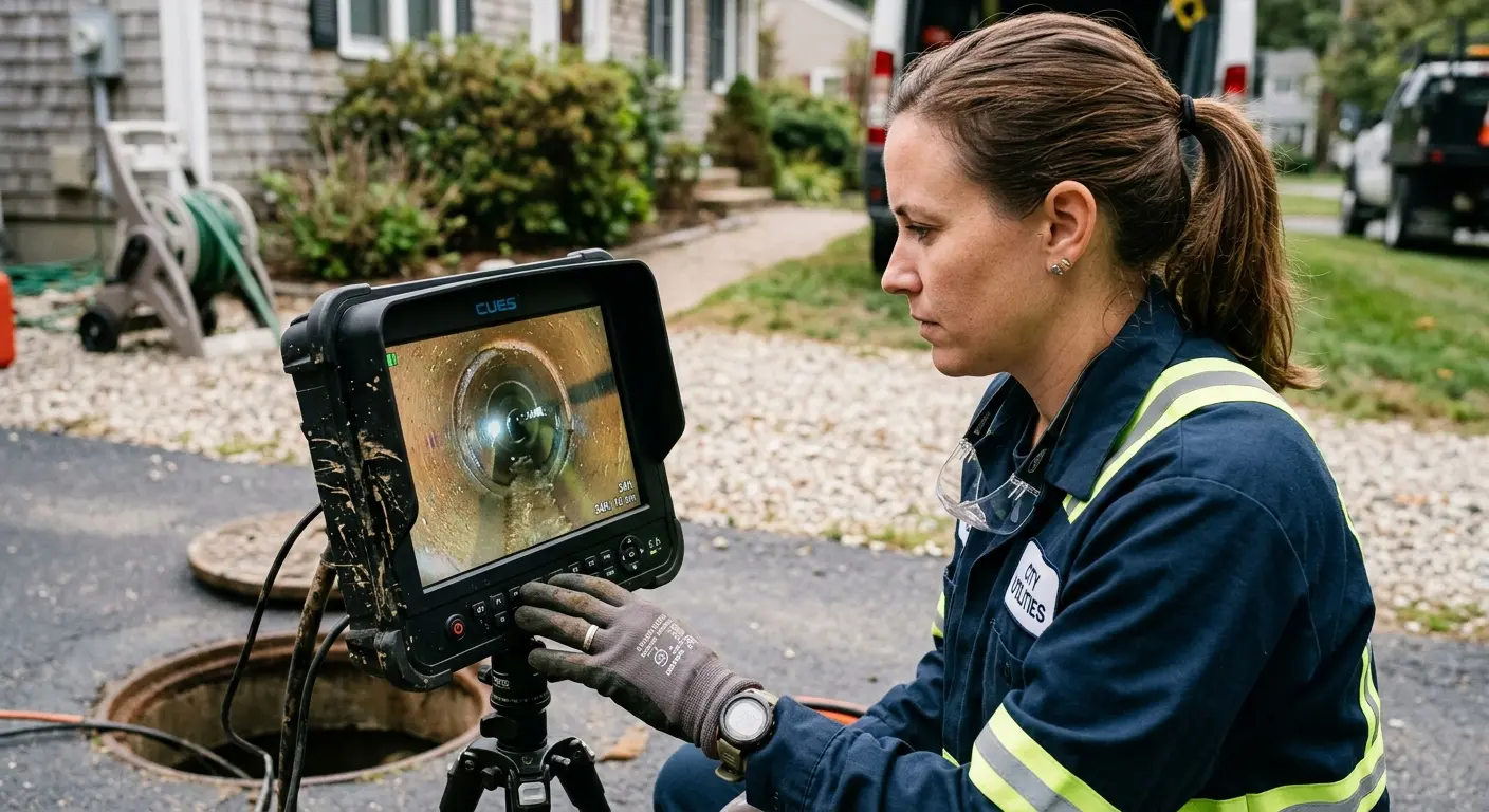 Technician reviewing sewer camera inspection footage in Fort Walton Beach