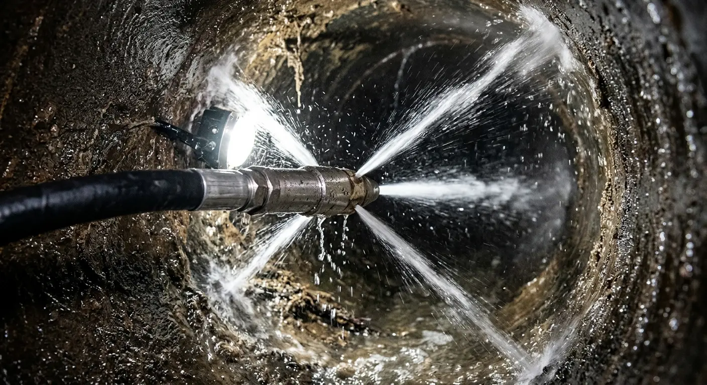 High-pressure hydro jetting nozzle cleaning sewer pipe for Emergency Drain Service in Fort Walton Beach