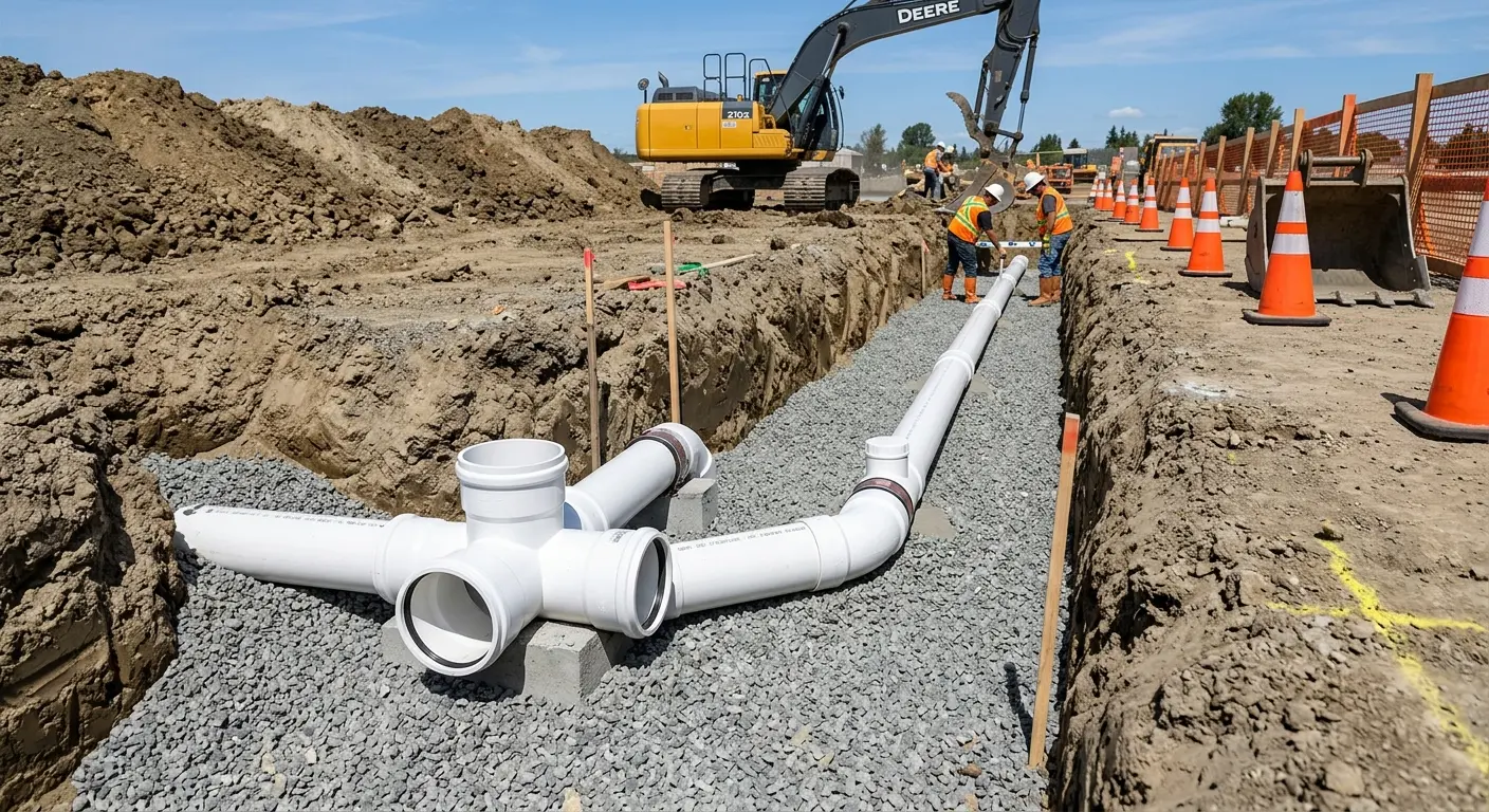 New PVC sewer pipe installation in open trench for Sewer Backup in Fort Walton Beach