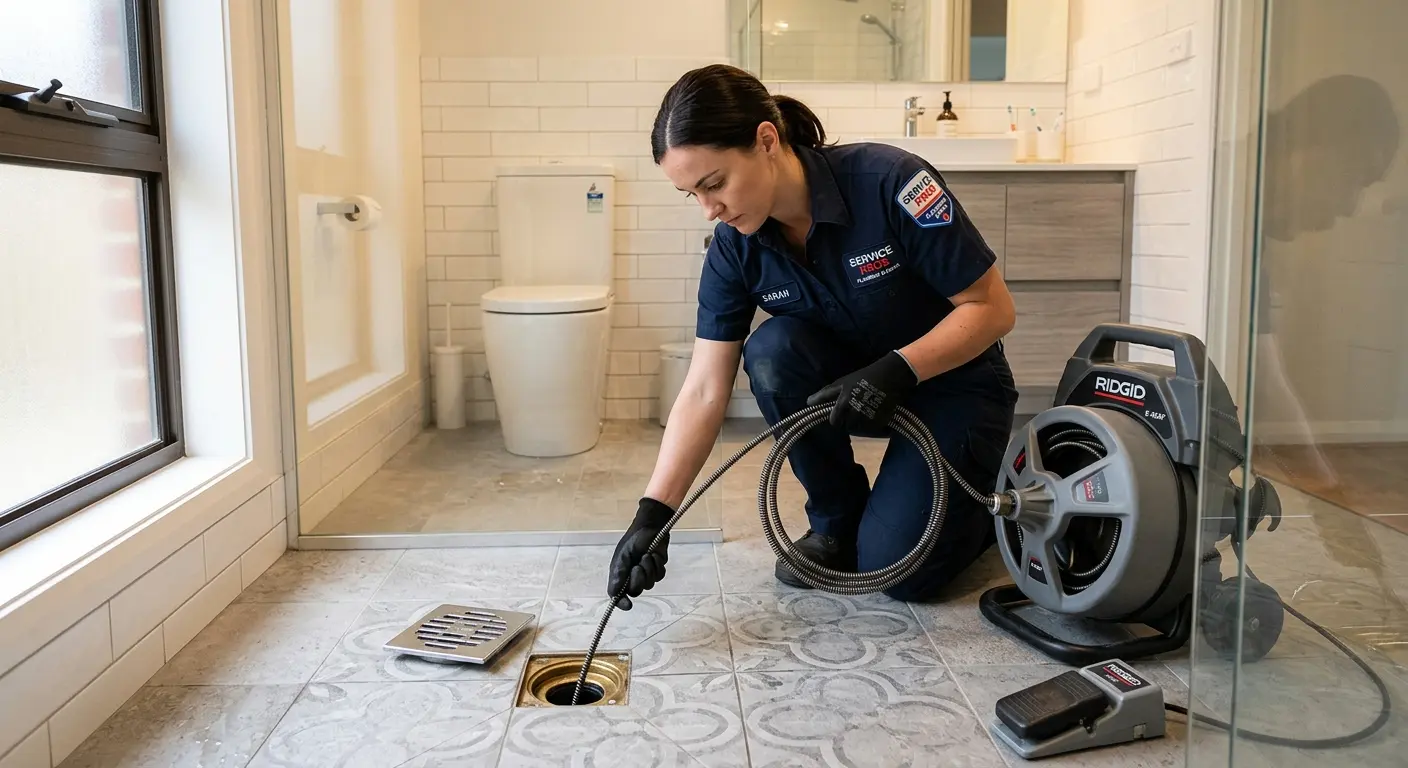 Technician clearing a bathroom floor drain for Hydro Jetting in Fort Walton Beach
